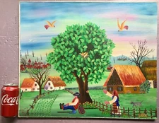  Cheerful Naïf - Primitive painting by S. Popovski of Eastern European Village.