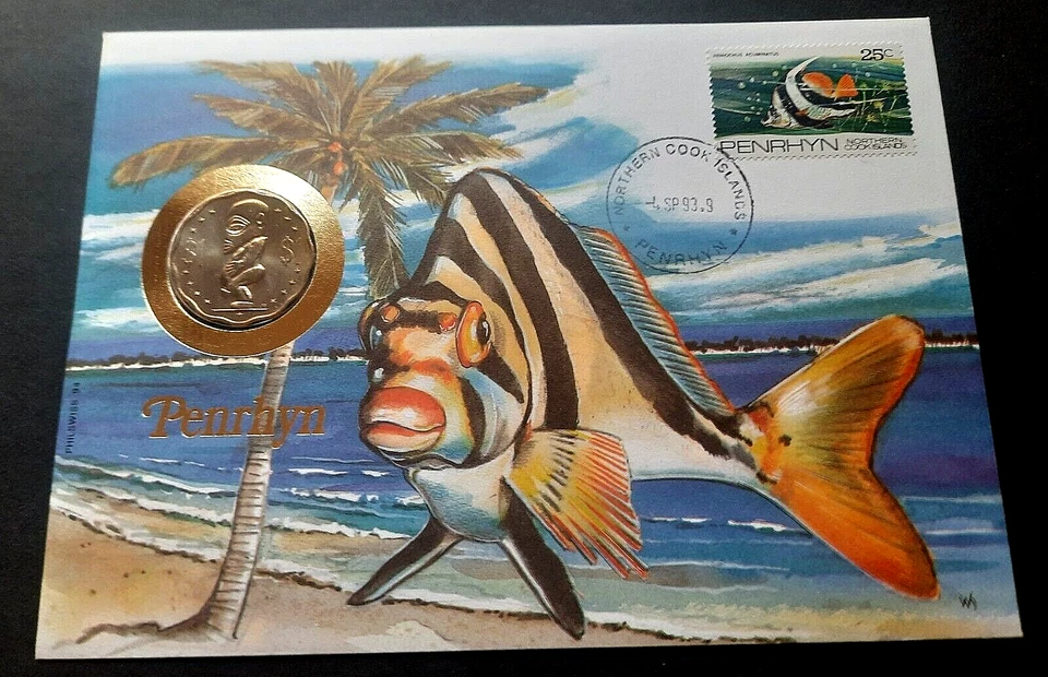 Penrhyn (Northern Cook Is) "SEA SHORE ~ COCONUT TREE ~ FISH" Coin Cover PNC 1993 - Image 2 of 4