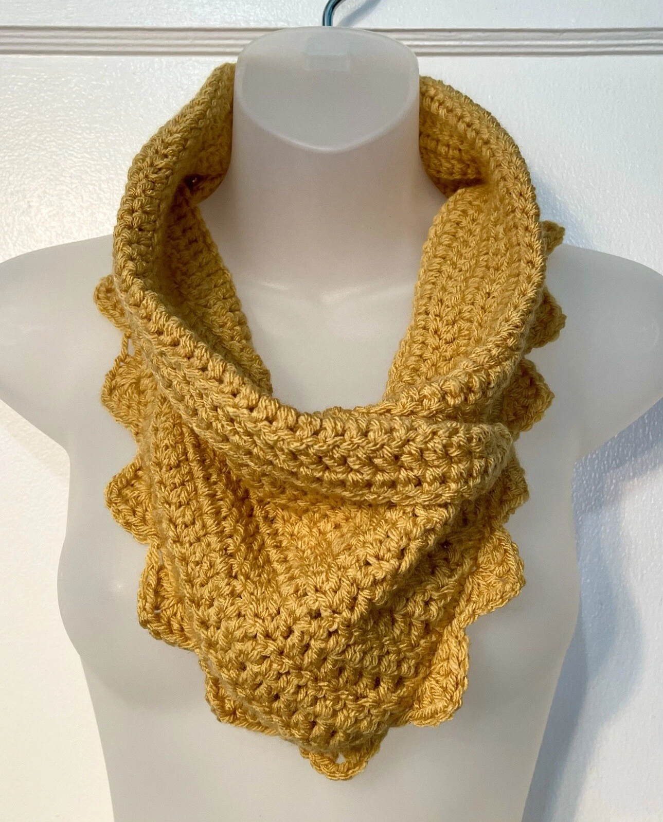 Handmade Crochet Mustard Yellow Scarf Neck Warmer With Scalloped Edge