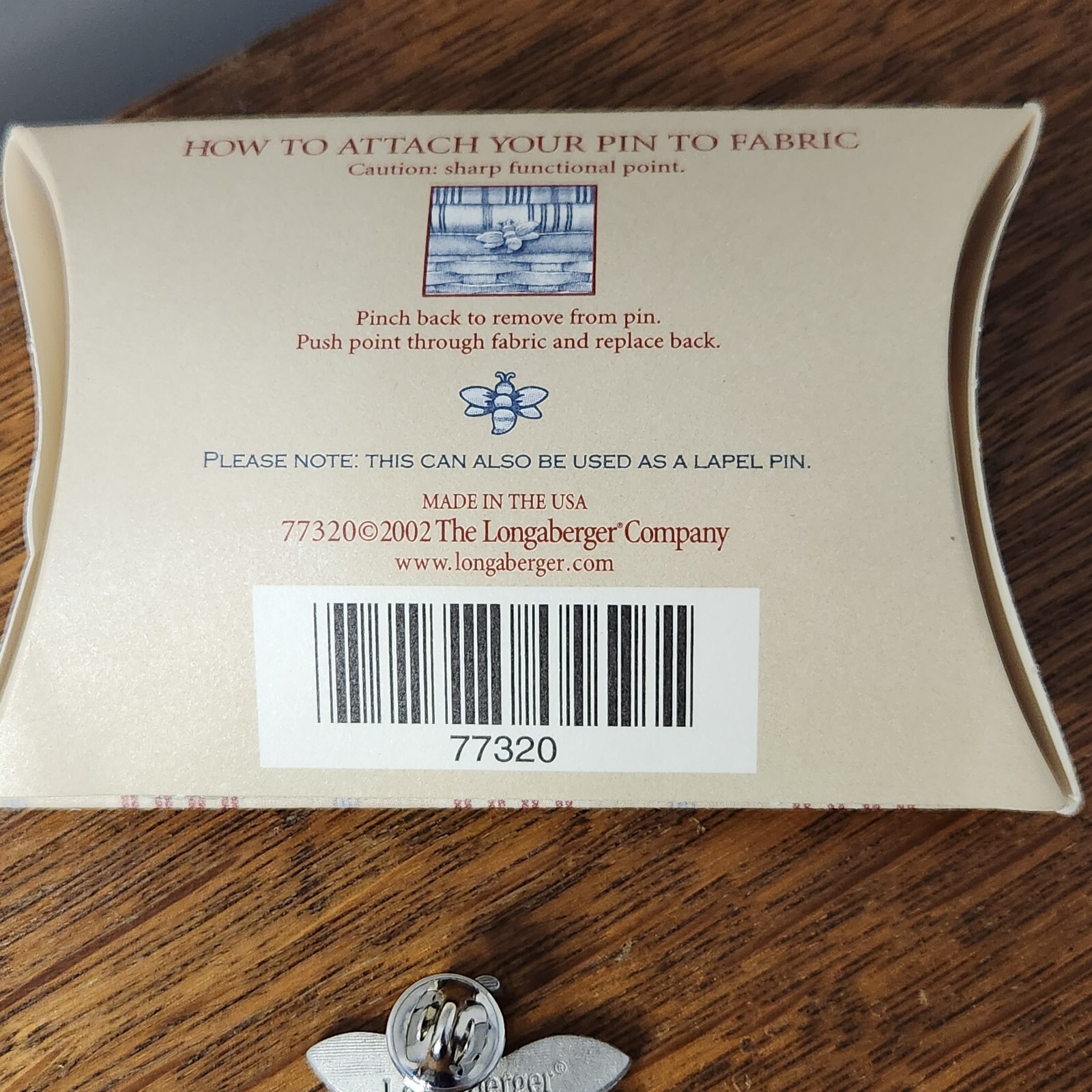 Longaberger 2002 Vintage Pewter Bumblebee Basket Pin/Lapel Pin NOS