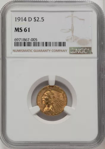 1914-D INDIAN HEAD $2.5 QUARTER EAGLE GOLD NGC MS61
