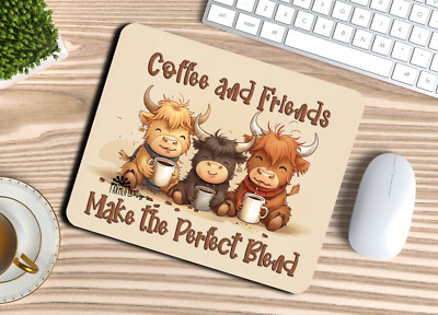 Highland Cow Mouse pad Coffee & Friends mousepad cows non-slip Handmade