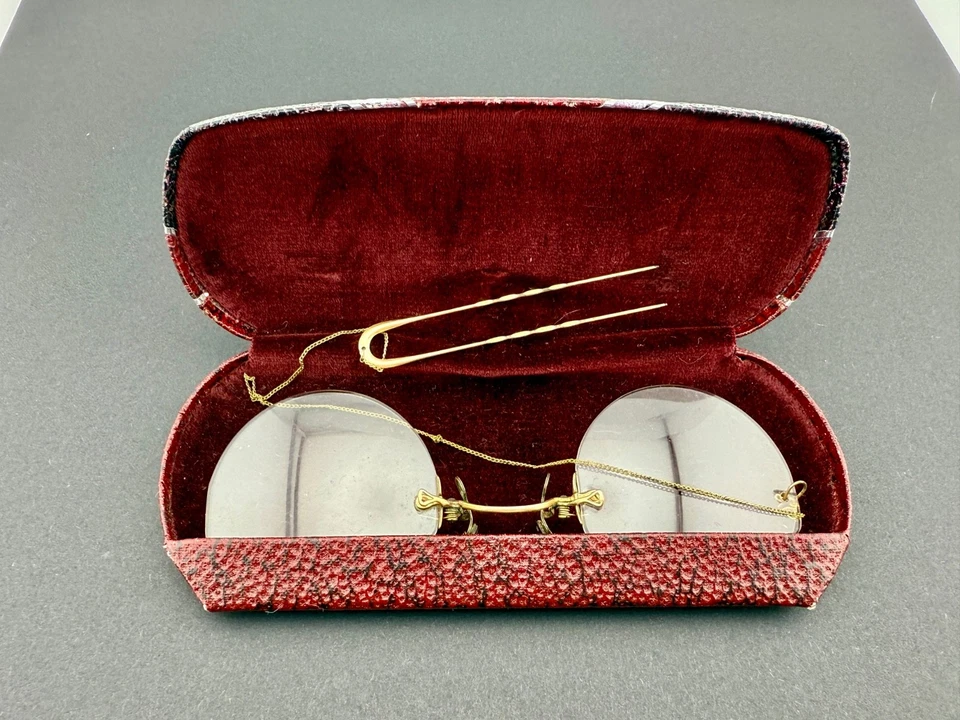 Gafas antiguas sin montura Pince Nez rellenas de oro de 10-12K con cadena y estuche increíble Foto 2 de 4