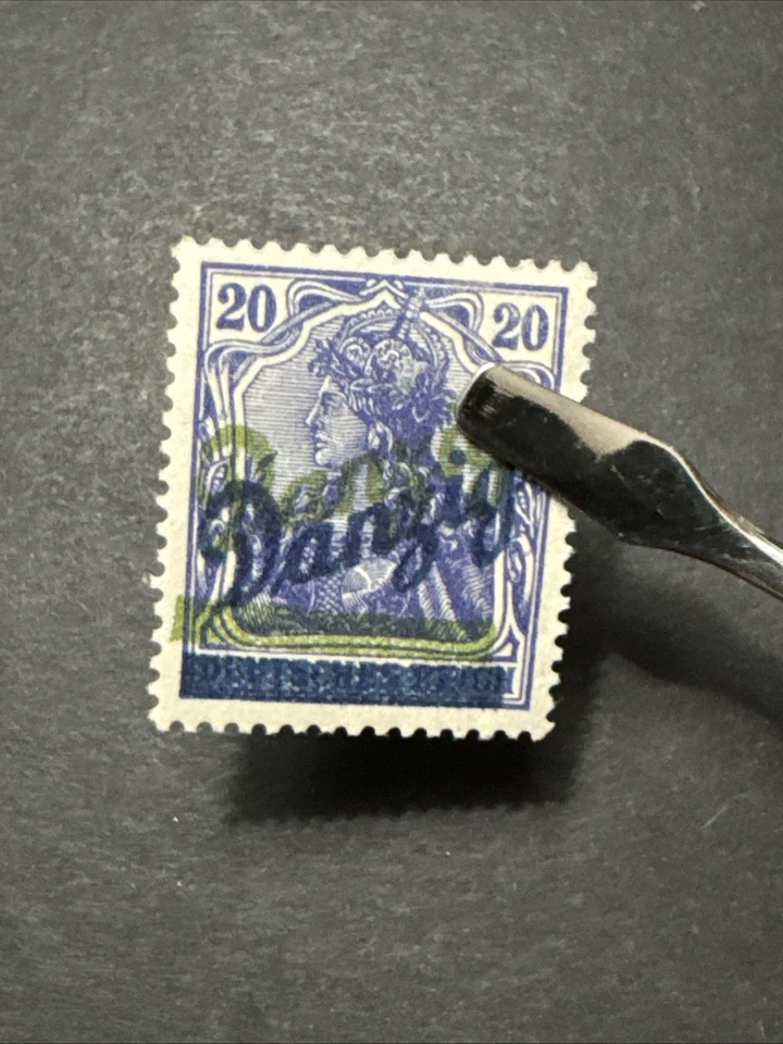 Estampilla coleccionable firmada WMK verde y azul con doble sobreimpresión de Danzig 20pf MH de 1920 Foto 2 de 4