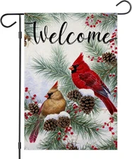 Welcome Christams Garden Flags for Outside Decoration, Cardinal Pine Twigs Berry