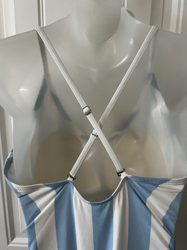 H&M V-Neck one piece swimsuit swimwear Light blue/White striped padded cups 14 - Picture 14 of 17
