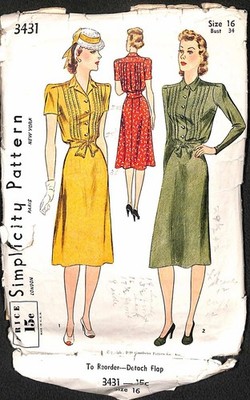 Vintage 1940s Tailored Dress Simplicity Sewing Pattern 3431 Bust 34 Complete