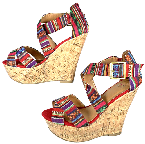 Delicious Women Hall Red Multi Guatemalan Platform Wedge Boho Strappy Sandal, 9 - Picture 12 of 22