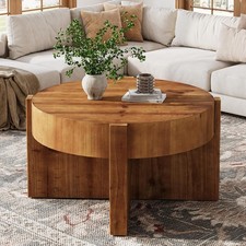 Solid Wood Round Coffee Table, 32 Inch Farmhouse Center Table w/ Thick Tabletop