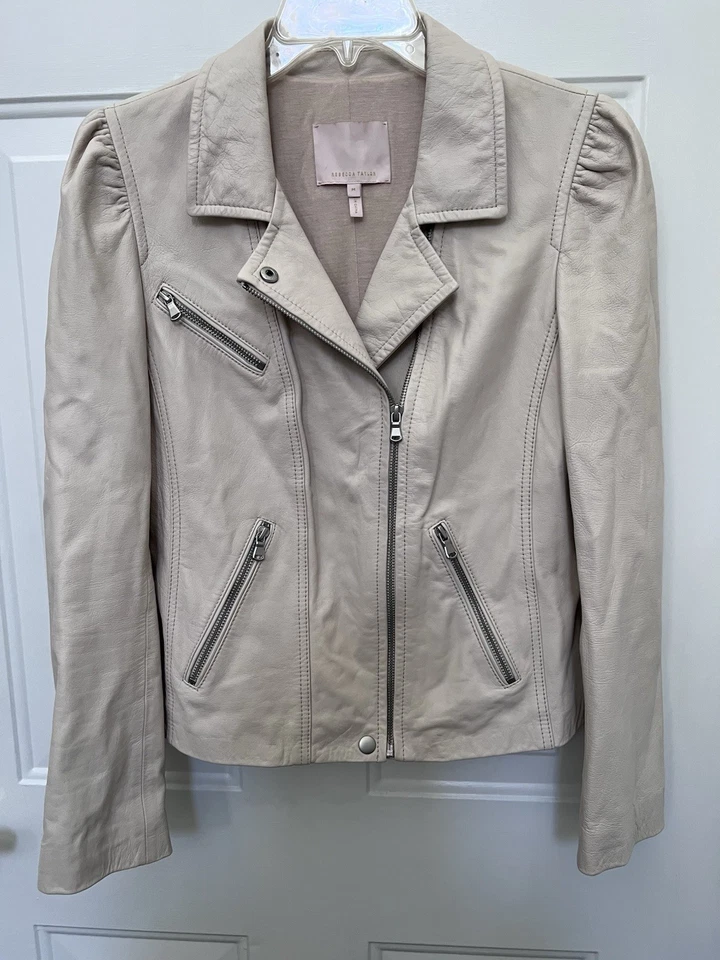 Chaqueta motera de cuero para mujer Rebecca Taylor vainilla talla mediana Foto 3 de 4