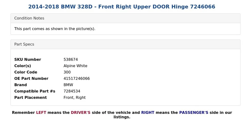 2014-2018 BMW 328D — передний правый верхний дверной шарнир 7246066 - Изображение 3 из 3