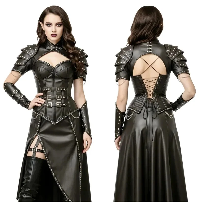 Handmade Leather Gothic Corset Dress: Studded Armor Cosplay Outfit - Image 3 of 4
