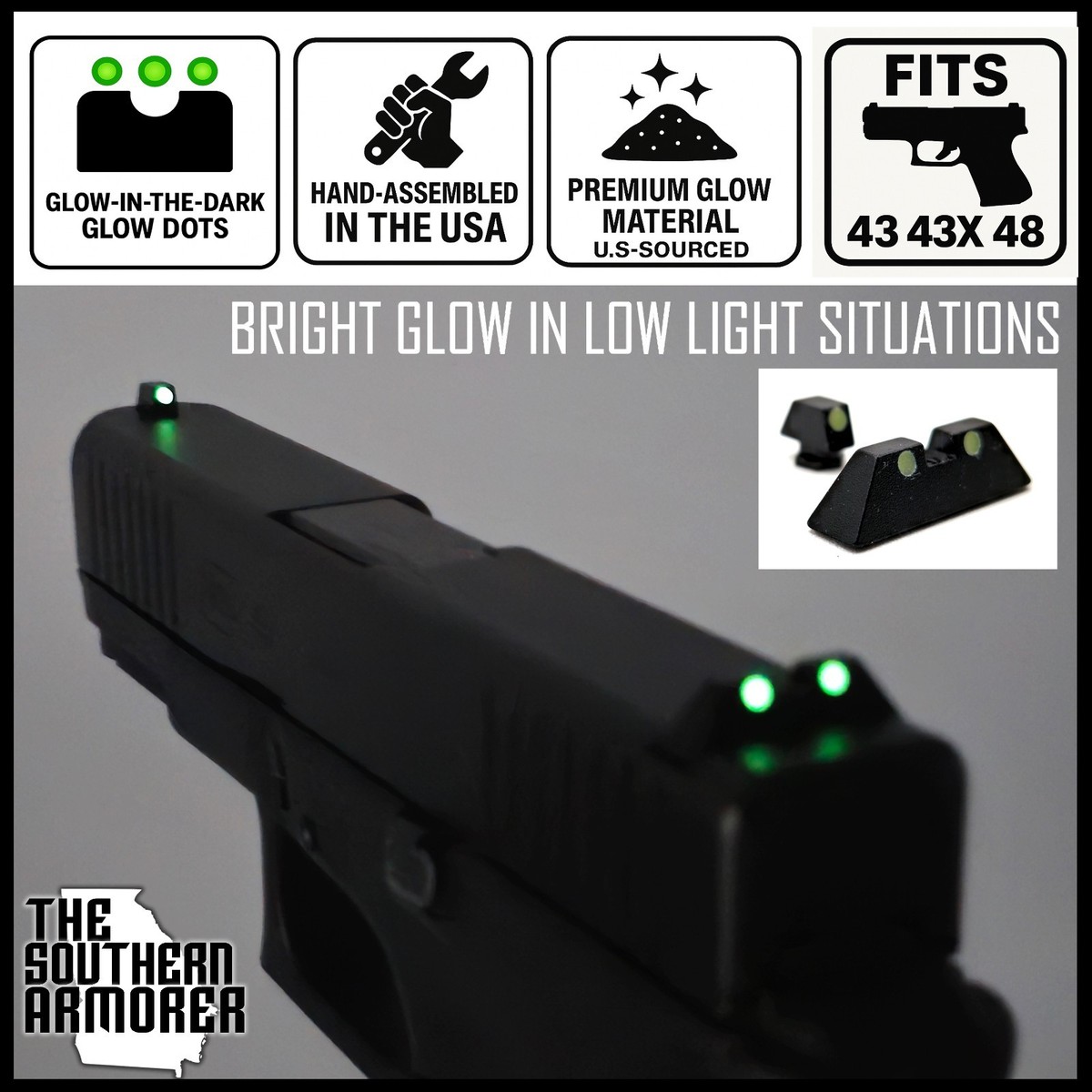 GLOW-IN-THE-DARK Night Sights for GLOCK® 43 43X 48 Rear and Front
