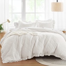 Ivory Queen Duvet Cover Set - 3 Pieces Ruffle Diamond Quilted Duvet Cover, Al...