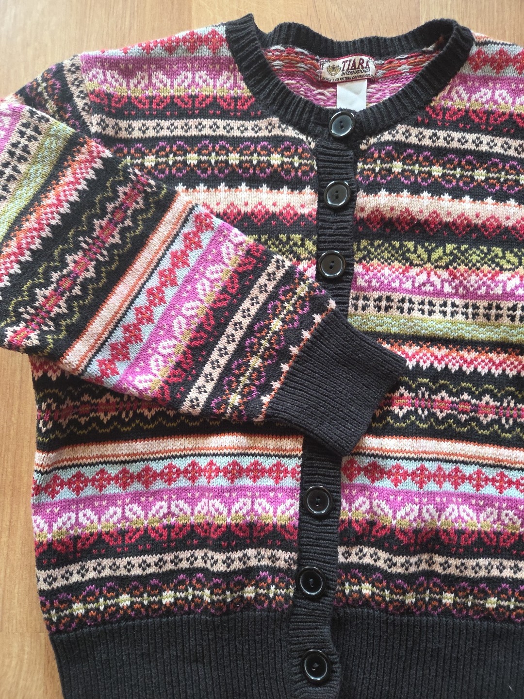 Tiara International Cardigan Womens Size Large Black Pink Fair Isle Vtg