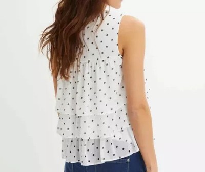 Gr.48 Bodyflirt Ärmellos Blusenshirt mit Volants Weiß Schwarz Gepunktet Neu Ohne
