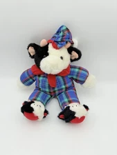MTY International Cow Plush Pajamas Slippers Blue Red Plaid Lovey Vintage 16”