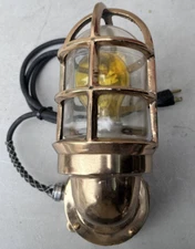 Antique Brass Caged Nautical Maritme Ship Art Deco Wall Sconce Light Lamp Yellow