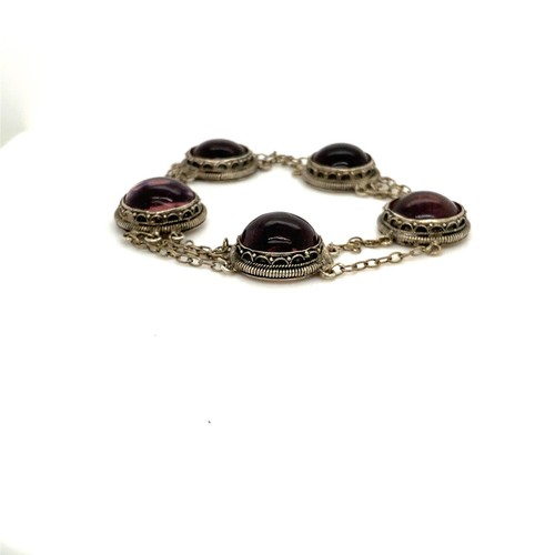 Vintage Sterling Art Deco Round Amethyst Stone Double Chain Link Bracelet 6 1/2 - 第 1/6 張圖片