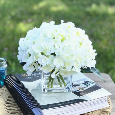 Cream Silk Hydrangea Artificial Flowers Arrangement Fake Water Glass Vase Decor