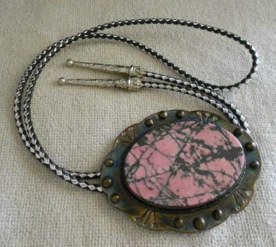 Handmade Large Rhodonite Sterling Silver Bolo Tie Signed gStoft 103 grams