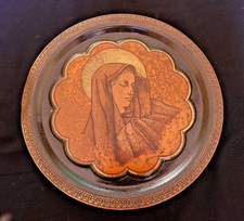 Virgin Mary Vintage Christian Ornate Brass Plate, Flower Wall Plate 24 cm, Heavy