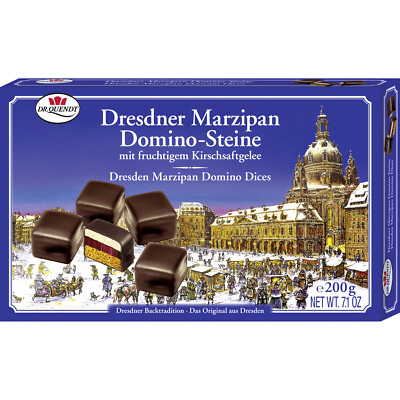 Dr. Quendt 200g Marzipan Domino Steine mit Sauerkirschsaftgelee MHD 03/2026