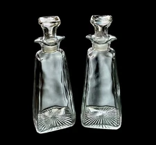 Set Of 2 Vintage Cruets Pressed Glass Oil and Vinegar Bottles Clear With Stopper
