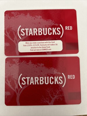 2 STARBUCKS RED Gift Cards, 2008 Tree Design, Global AIDS JOINRED AFRICA *Rare*