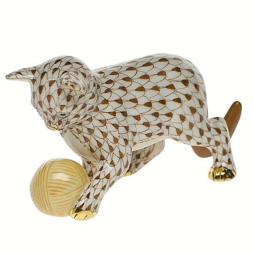 HEREND, KITTEN WITH YARN PORCELAIN FIGURINE, CHOCOLATE, FLAWLESS - 第 1/1 張圖片