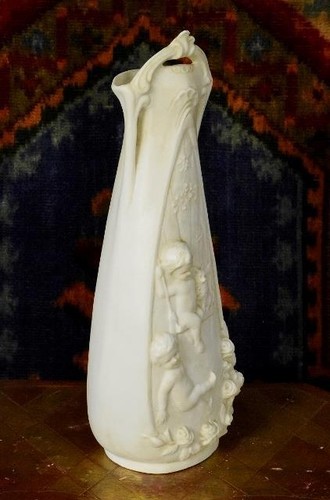 Delightful Pair 19th C Antique French Bisque Vases, Frollicking Cherubs On Swing - Picture 8 of 12