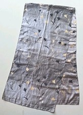 Vintage Scarf with leaf pattern. Abt 60  x 15  Grey Black Cream U308