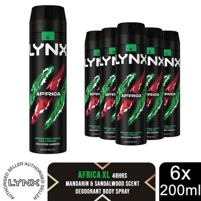 Lynx XL Africa Body Spray 48H Fresh Mandarin & Sandelwood Scent Deo, 6x200ml
