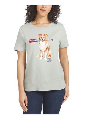 Lands' End Womens T-Shirt Gray Grey Dog Patriotic 4th of July America 250 Flag