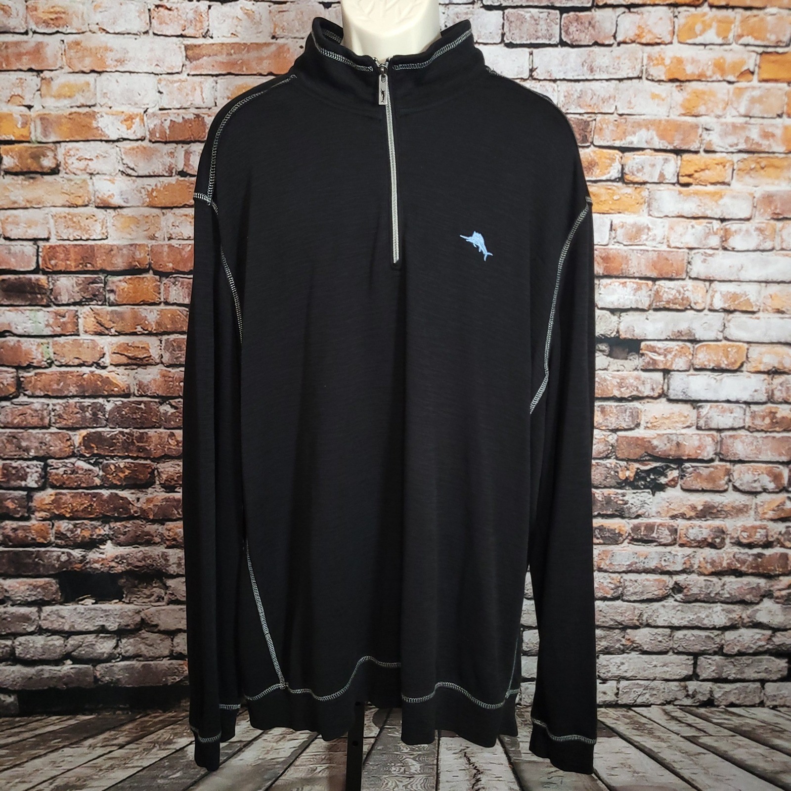 Tommy Bahama Mens 3XLT Black Quarter Zip Pullover Coastal Long Sleeve Shirt