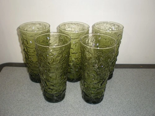 Vtg Anchor Hocking Lido Milano Avocado Green Crinkle Glass 6.5" Tumbler Set of 5