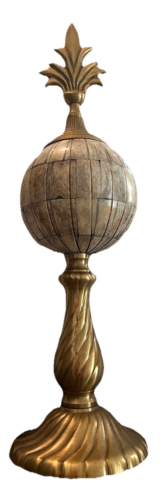 Vintage Inlaid Bone Globe Finial Decor With Antique Brass Finish 15.5”