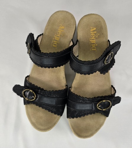 Comfort Boho Alegria Sandals Womens Wedge Black Leather Hook & Loop Buckle 40 - Picture 6 of 12