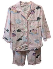 VTG Nick Nora Bunny Tea Party Pink Cotton Poplin Pajama Set Plum Jam Medium