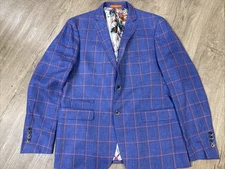 Tallia 40R 100% Linen Sport Coat-Blue Windowpane Check-Tropical butterfly lining