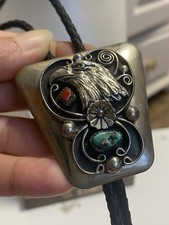Navajo Bolo Tie Leder Krawatte mit Türkis und Koralle Native American Unisex