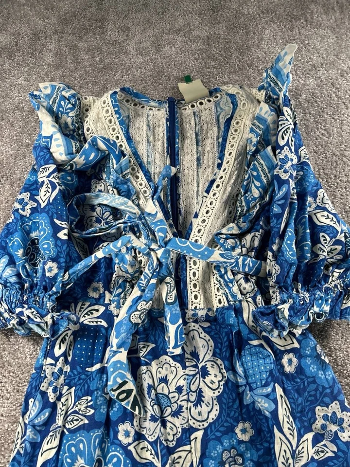 Farm Rio Jump Suit Womens Medium Blue White Linen Blend Floral Wrap Blouson - Image 2 of 4