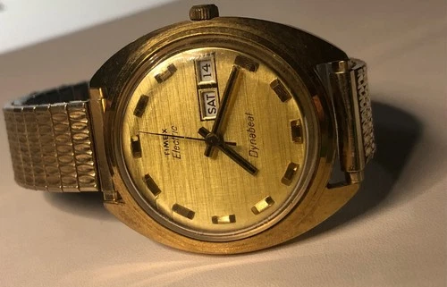 Vintage Timex Dynabeat Electric MENS Watch Day Date Gold Tone