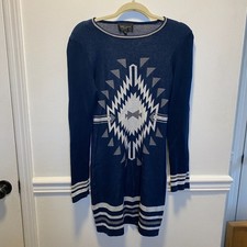 Boho Aztec Tribal Sexy Knit Sweater Dress Navy Blue Long Sleeve Romeo + Juliet S