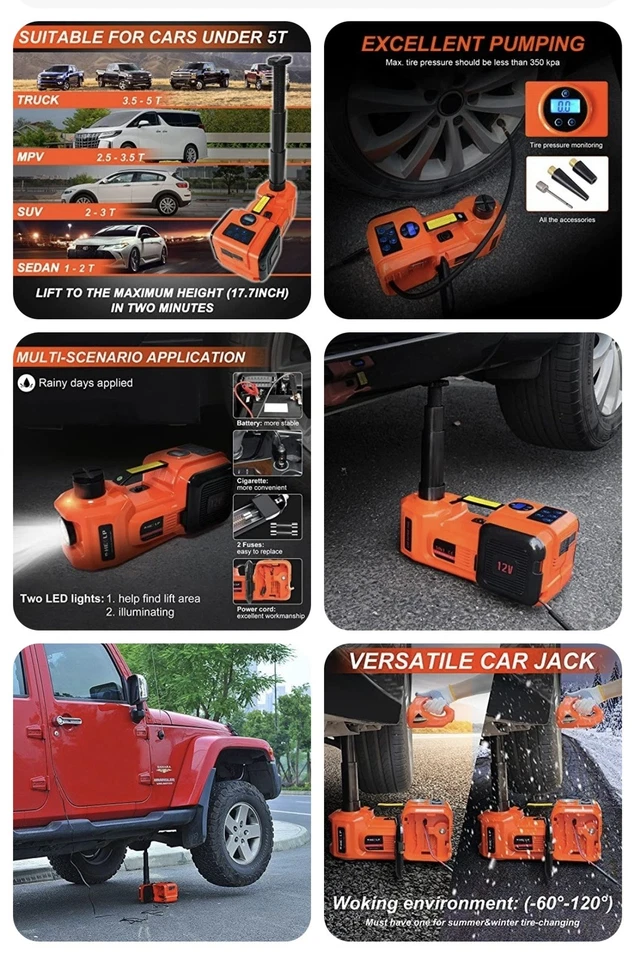 Kit de gato de coche eléctrico 5 toneladas 12 V elevador hidráulico de gato de coche para SUV MPV 3 en 1 LCD Foto 2 de 4