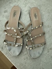 Valentin Platinum Leather Rockstud Flat Sandals  Size 41 11 10.5