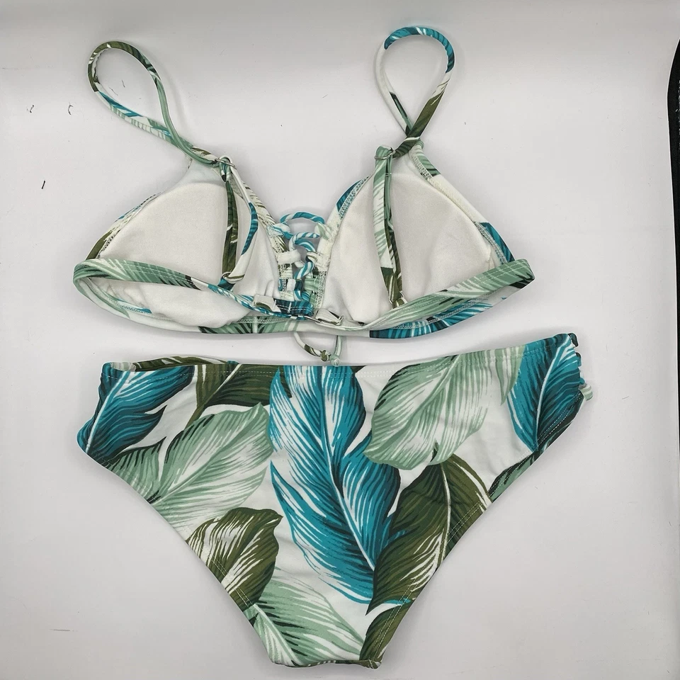 Conjunto de bikini Xhilaration para mujer azul y verde con estampado de palma triángulo (2 piezas), S Foto 2 de 4