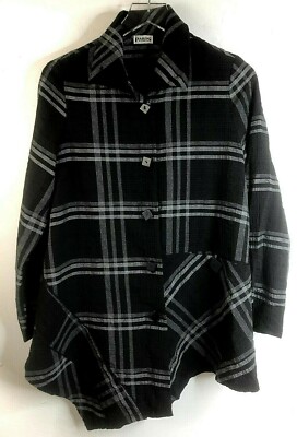 Paris Paris Button Up Shirt Tunic Size Medium Black Plaid Asymmetrical Hem 