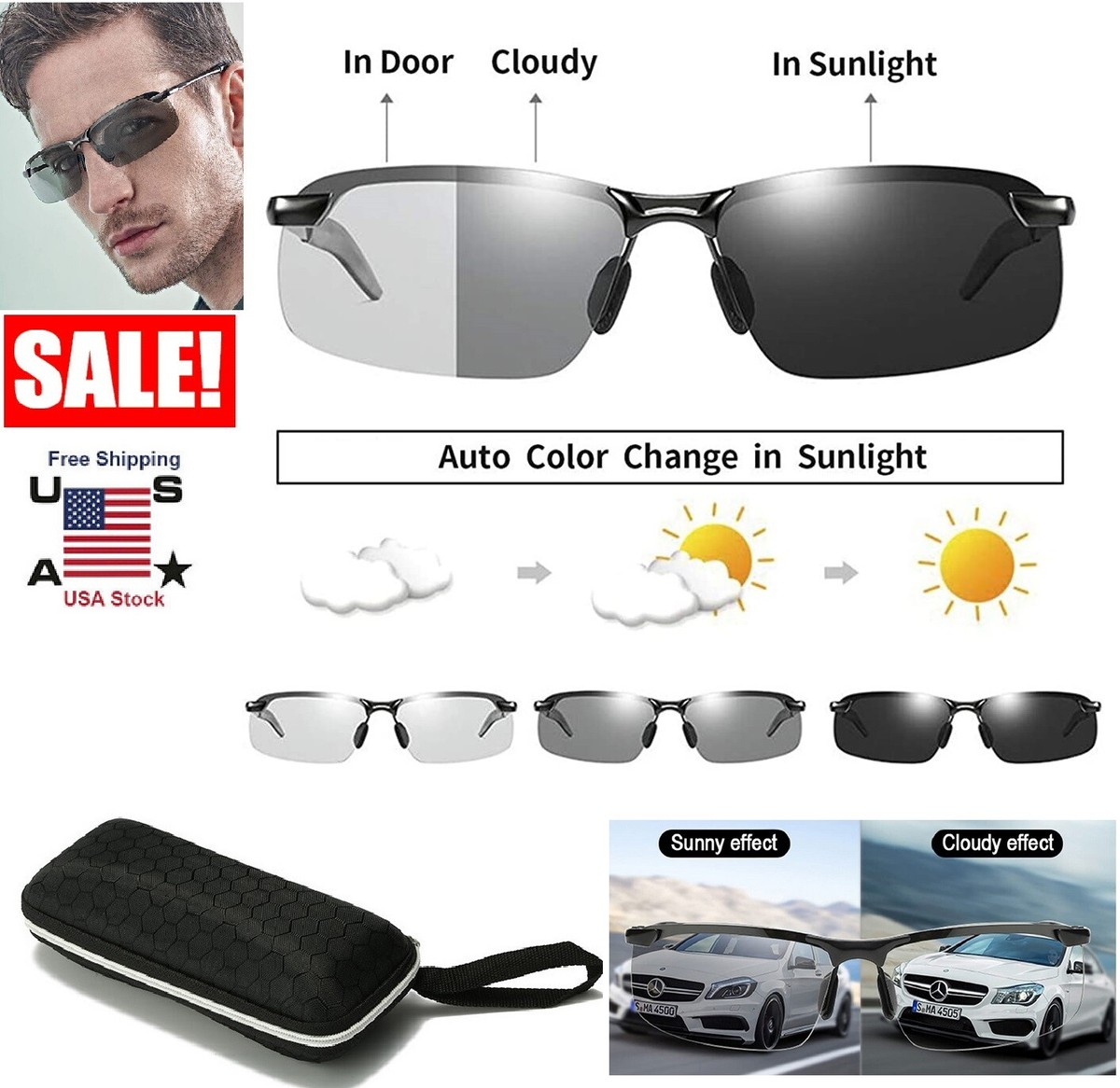 Men's Photochromic Sunglasses Polarized Transition Sun Lens UV Glasses w/  Case