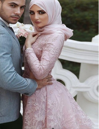 Muslim Mermaid Wedding Dresses High Neck with Detachable Train Lace Bridal Gowns - Picture 4 of 13